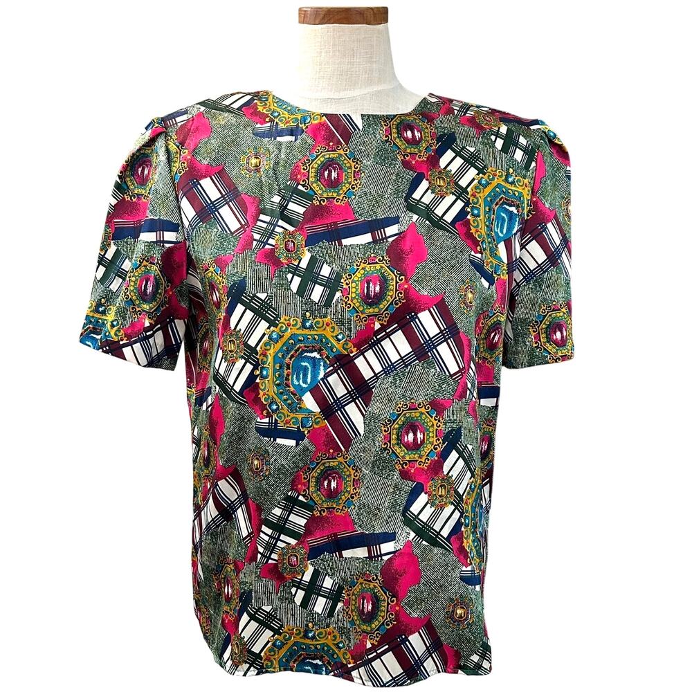 Laura Winston Vintage 80s Satin Gemstone Print Blouse S Power Shoulder Jewel